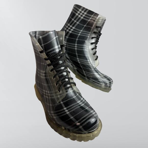 Dirty Laundry Grey Plaid Roadie Rain Combat Boots - Picture 1 of 8